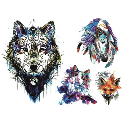 Tatouage éphémère temporaire animaux loup cheval chat renard multicolore