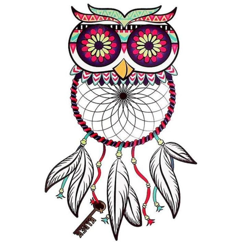 Tatouage éphémère temporaire attrapes rêves oiseau hibou multicolores