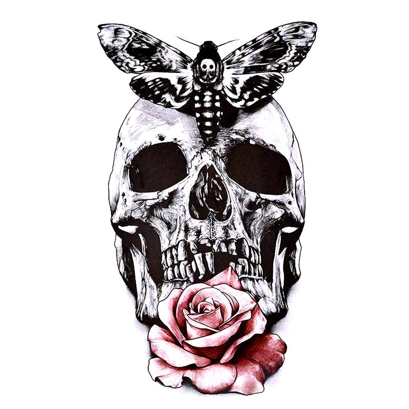 tatouage ephemere tete de mort papillon rose