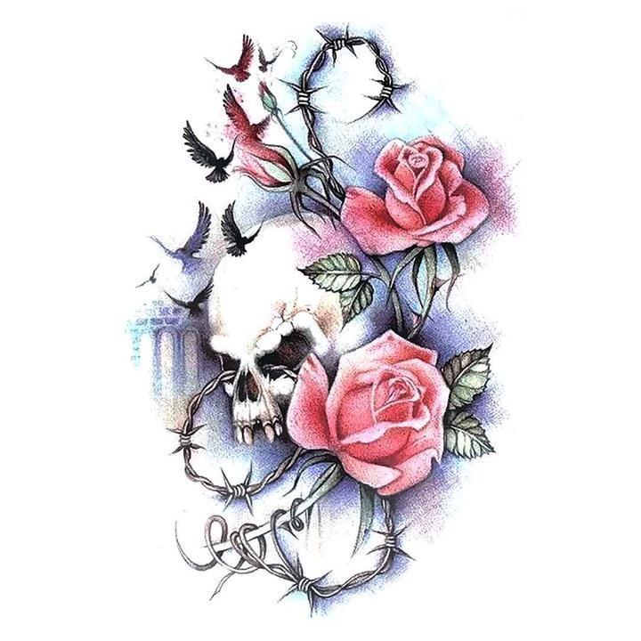 Tatouage éphémère temporaire rose épines crâne oiseaux