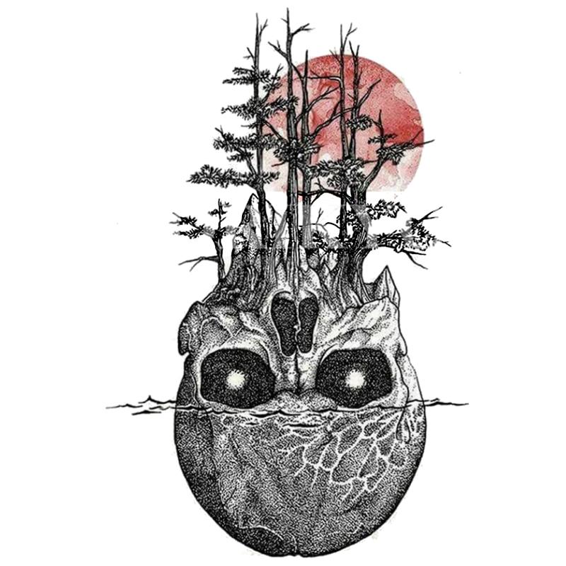 Tatouage éphémère temporaire tete de mort crane foret lune