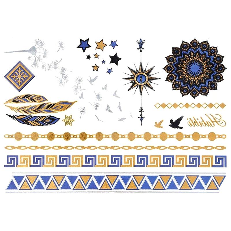 Tatouage éphémère temporaire doré argent habibti rosace plumes bijoux bracelets