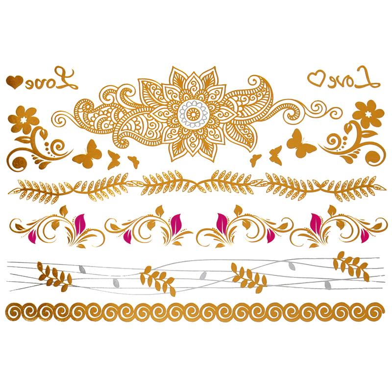 Tatouage éphémère temporaire doré argent hindi fleurs bracelets coeurs