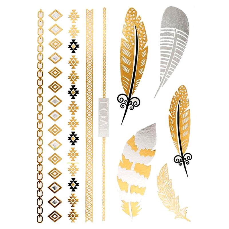 Tatouage éphémère temporaire doré argent plumes bracelets bijoux