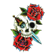 tatouage temporaire tete de mort skull rose dague