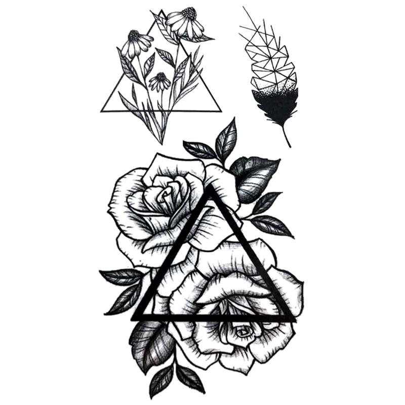 Tatouage éphémère temporaire rose triangle fleurs plume géométrique