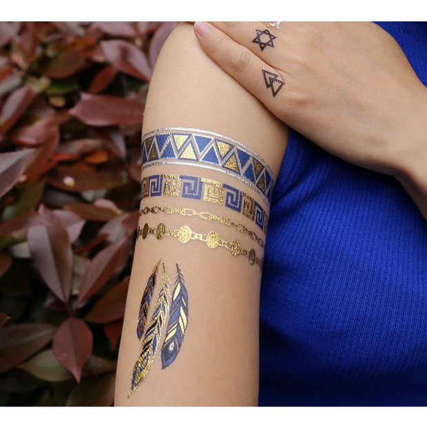 Tatouage éphémère temporaire doré argent habibti rosace plumes bijoux bracelets