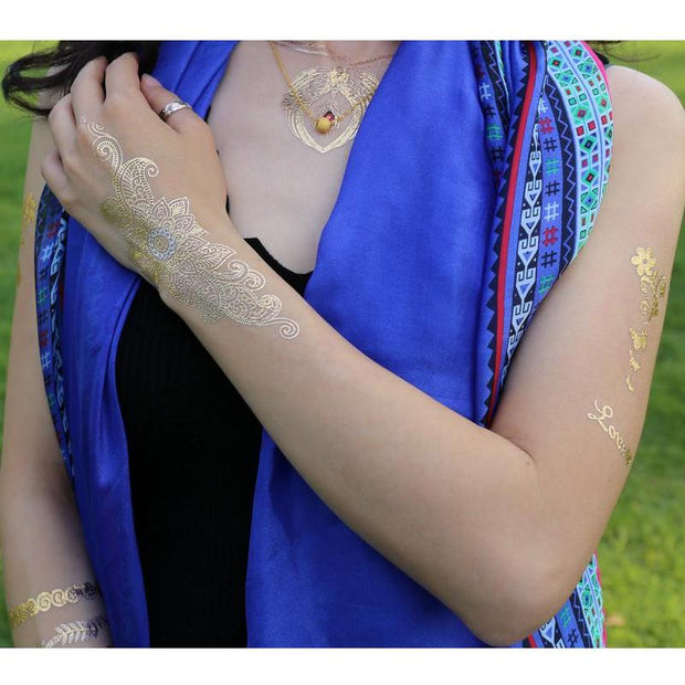 Tatouage éphémère temporaire doré argent hindi fleurs bracelets coeurs